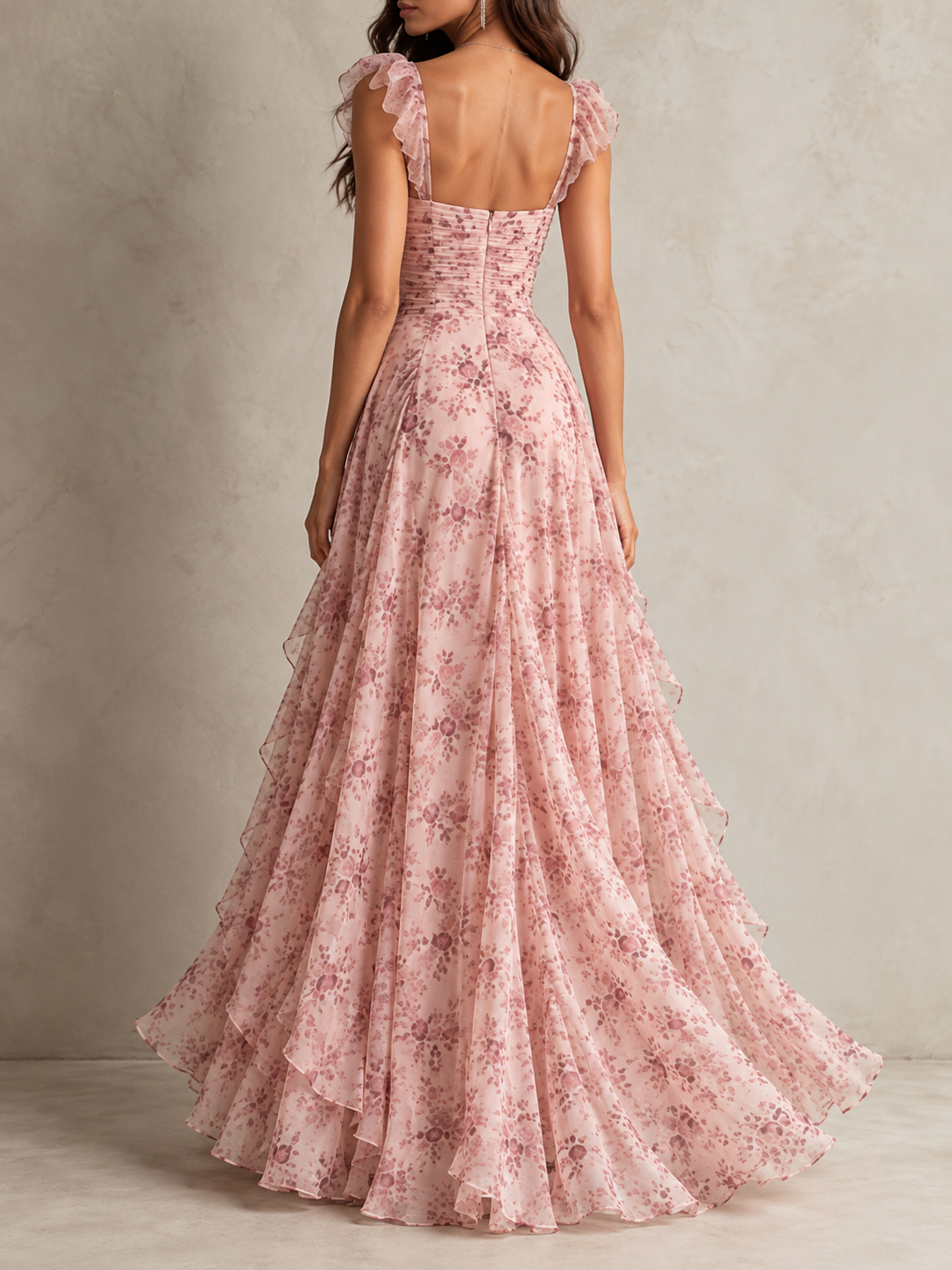 Floral Print Corset Ruffle Slit Maxi Dress