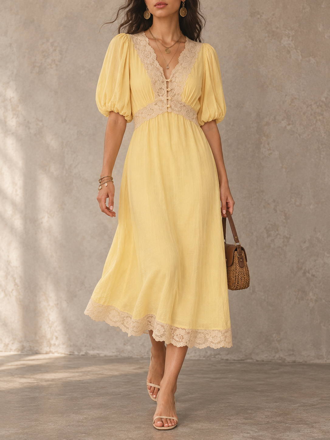 Yellow Lace Trim V-Neck Midi Dress