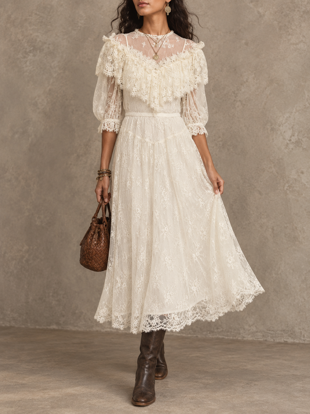 Cream Lace Ruffle Midi Dress