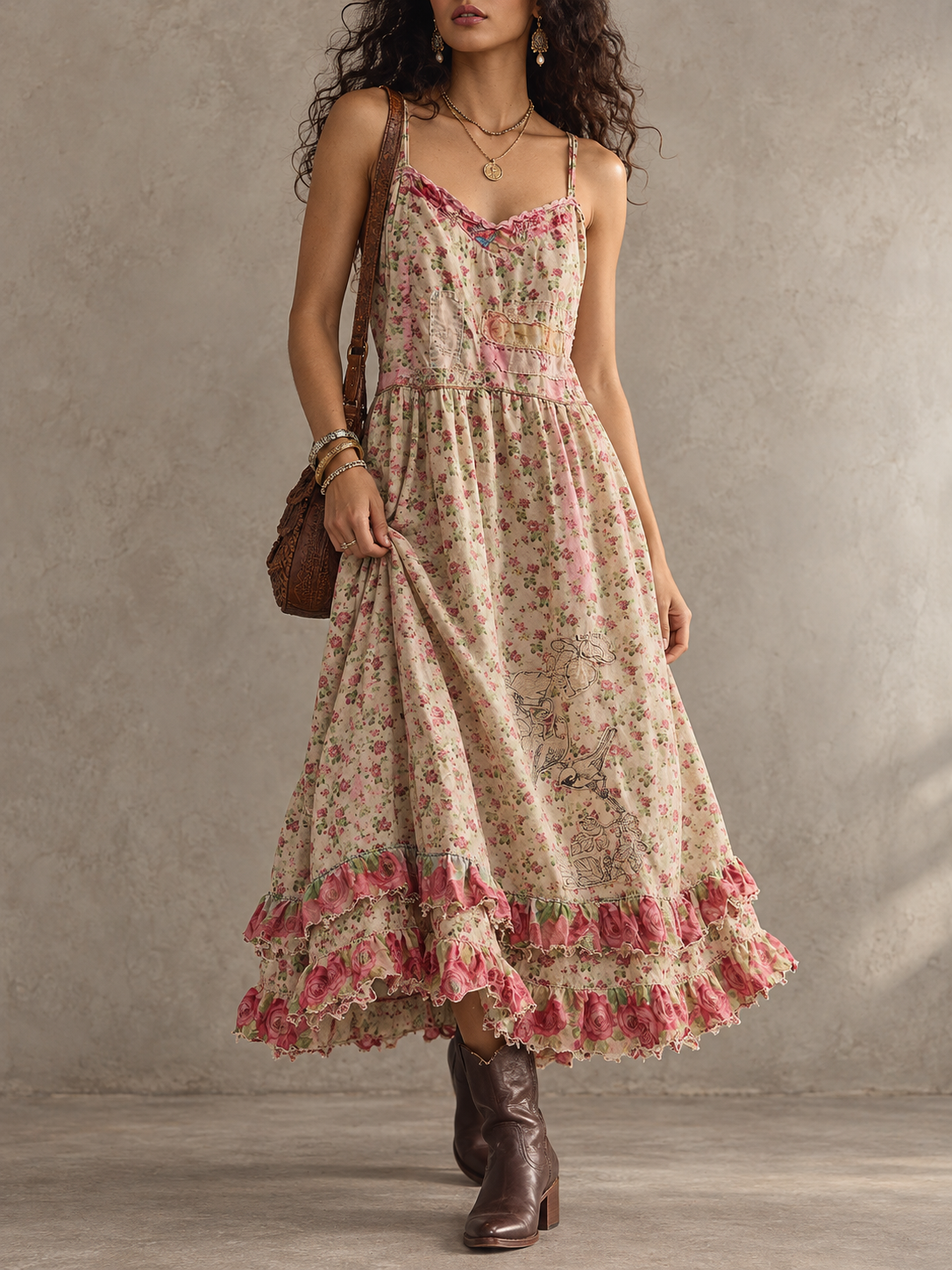 Pink Floral Print Ruffle Midi Dress