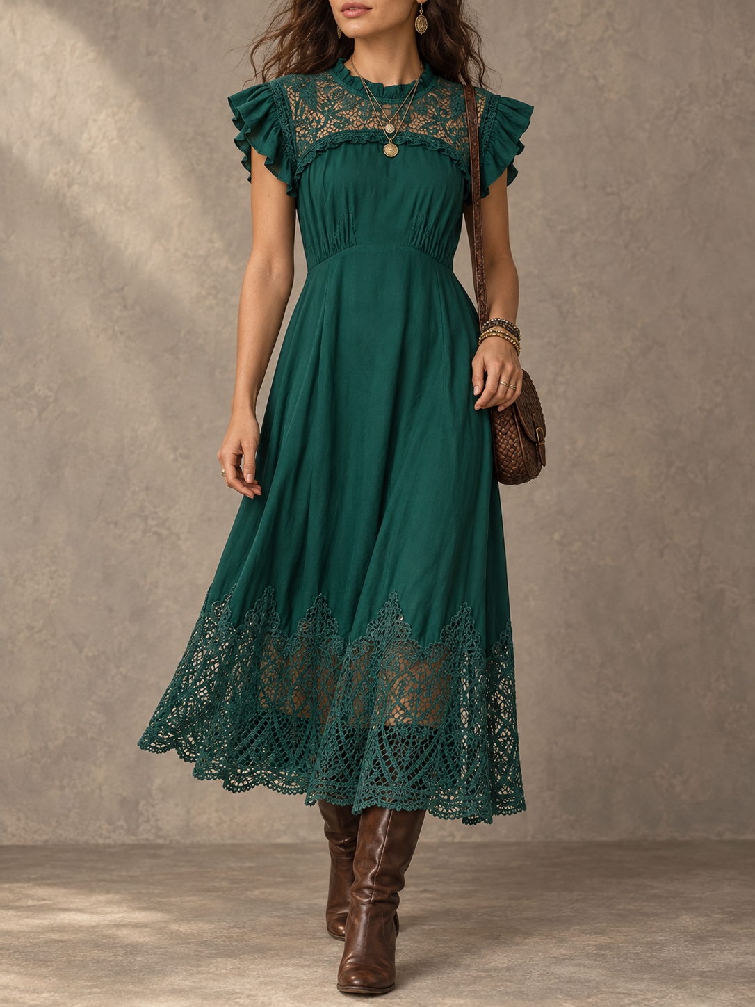 Green Lace Trim Midi Dress