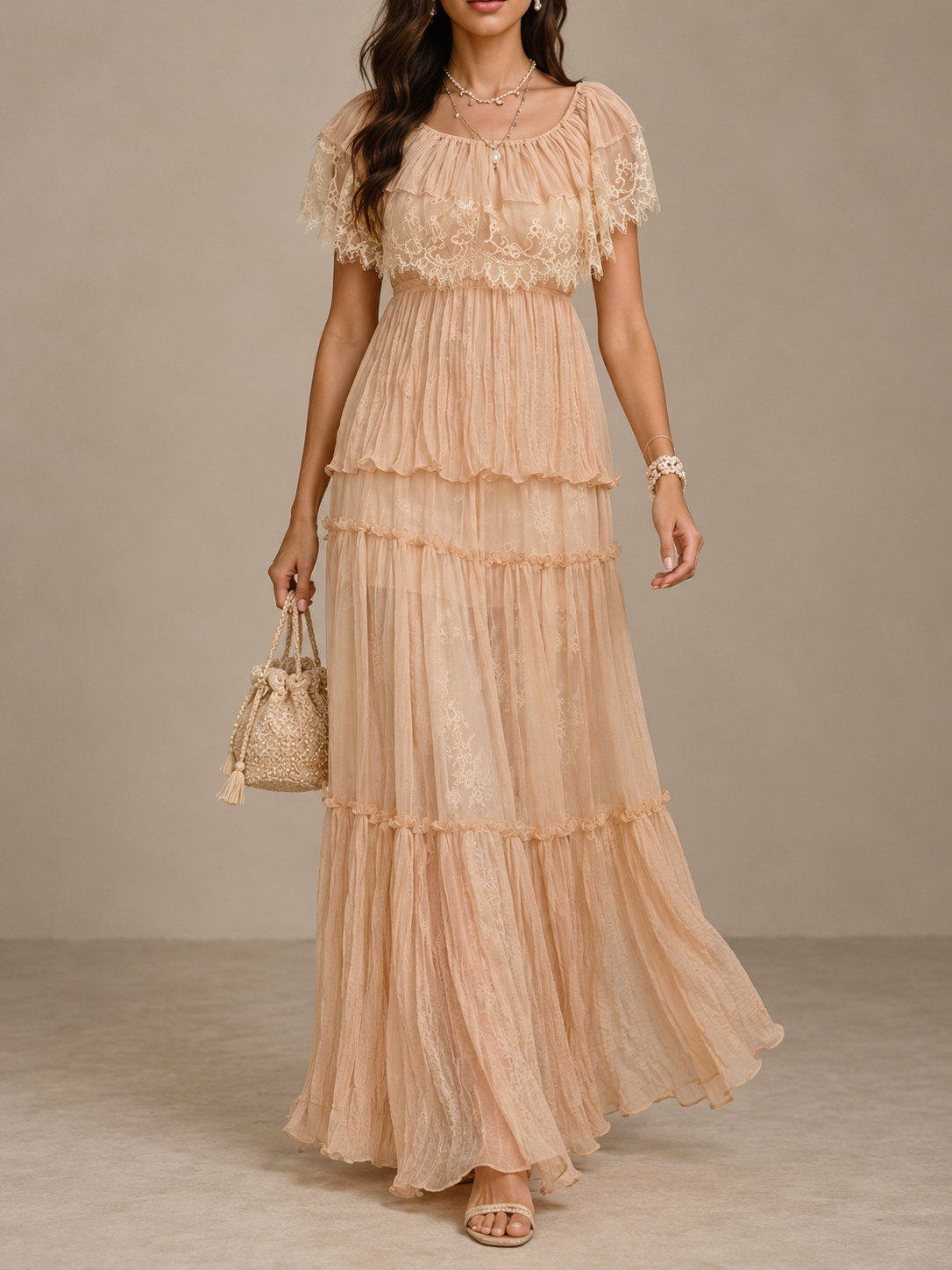 Peach Sheer Tiered Ruffle Maxi Dress