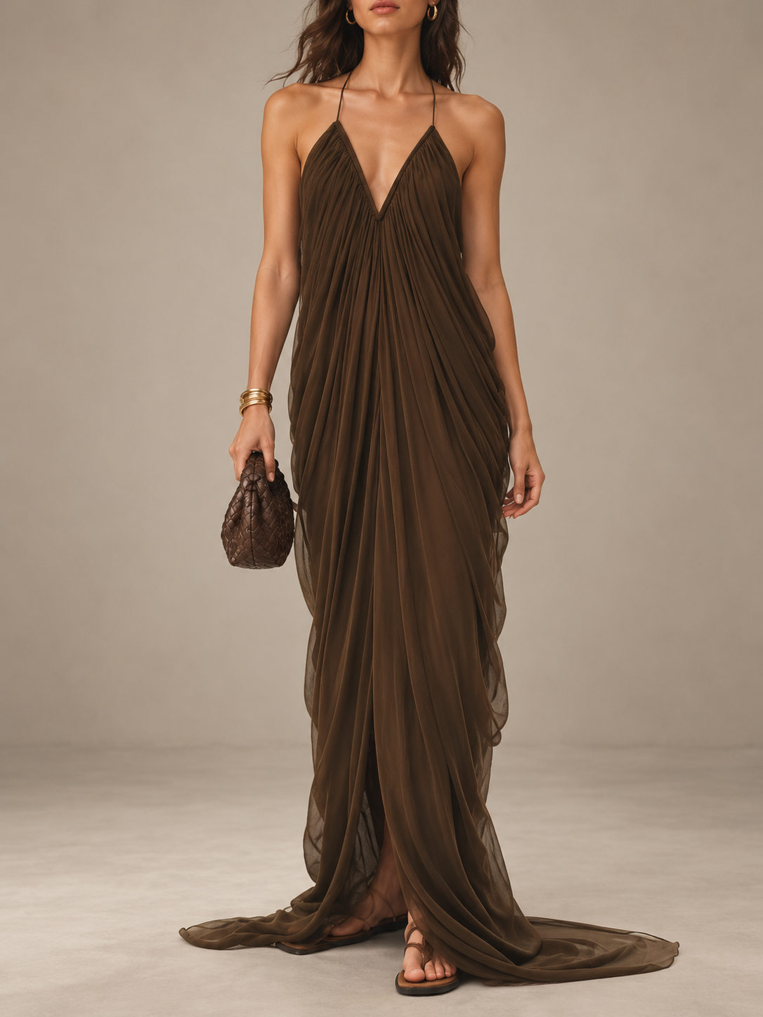 Brown Sheer Draped Maxi Dress