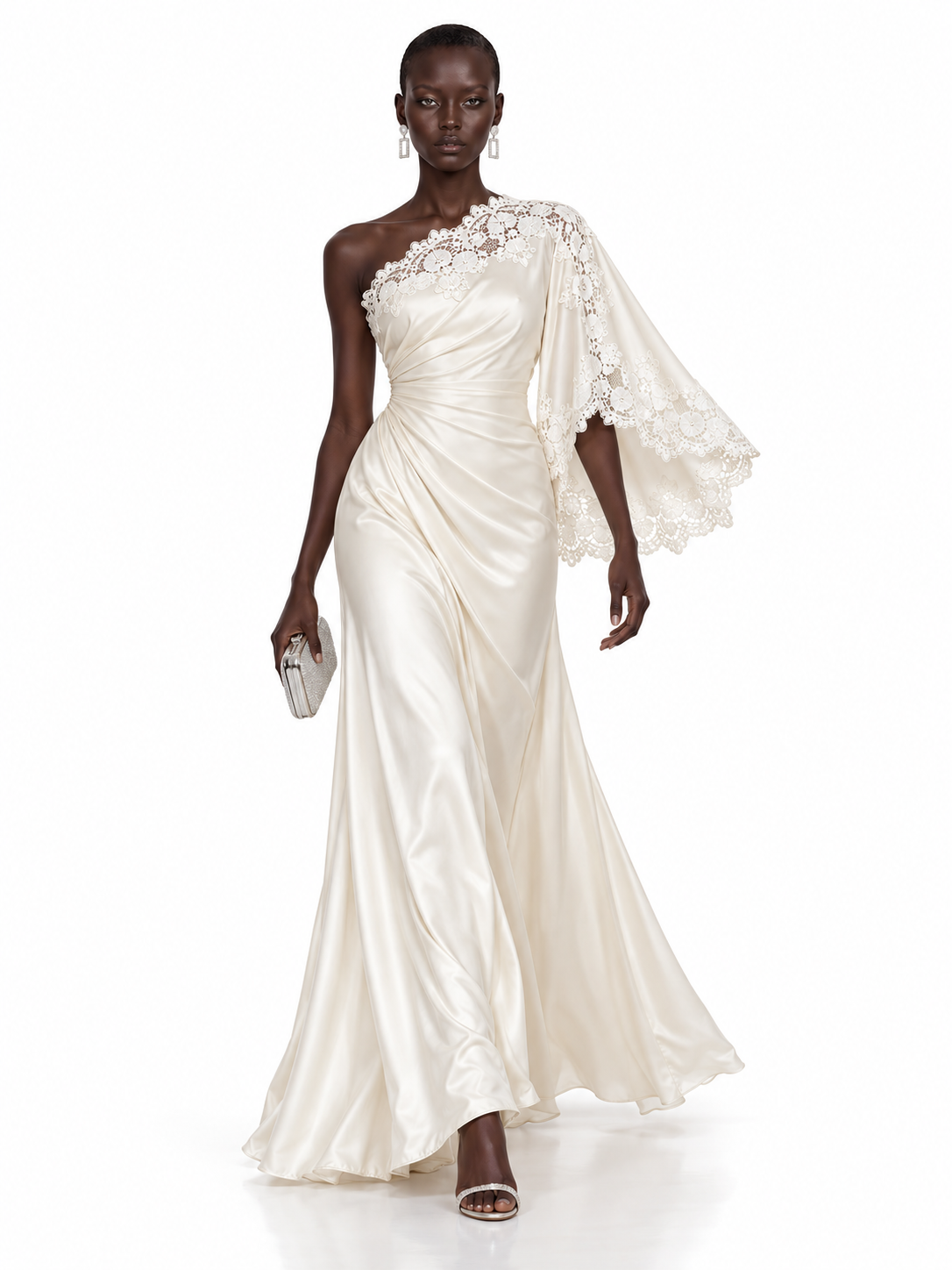 Cream Satin One Shoulder Lace Trim Maxi Dress