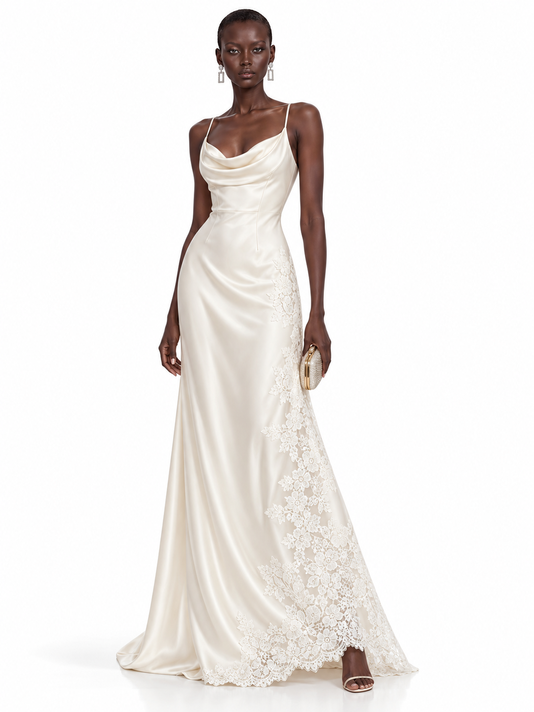 Cream Satin Lace Trim Cowl Neck Maxi Dress