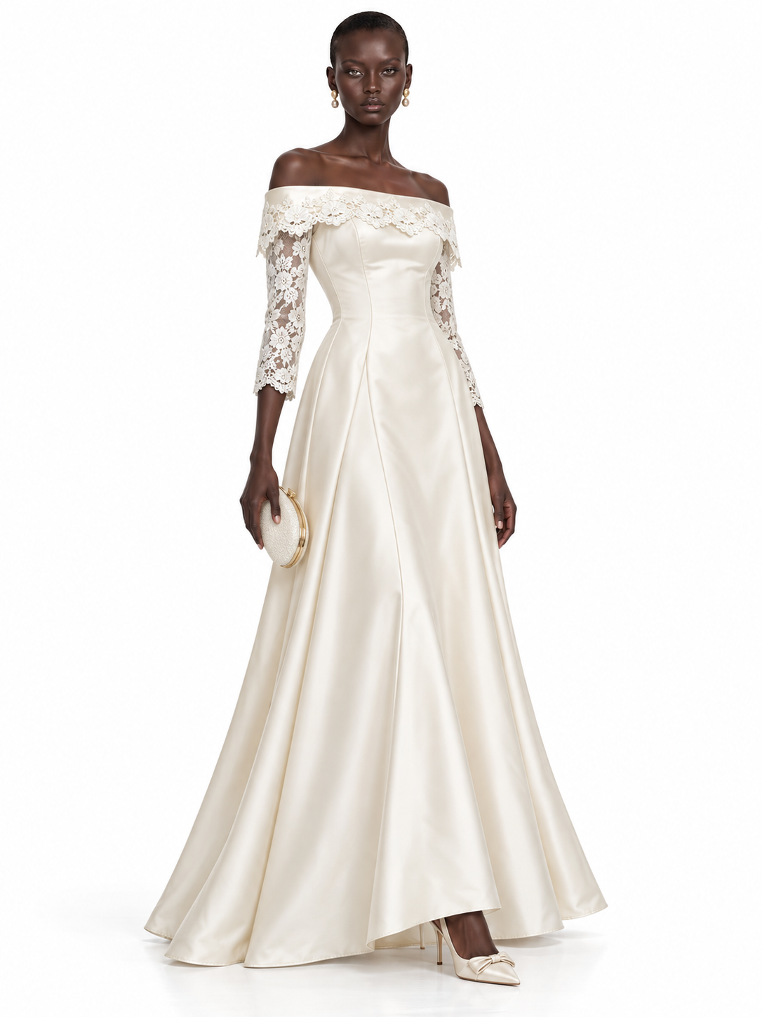 Cream Off Shoulder Lace Sleeve Satin Maxi Dress
