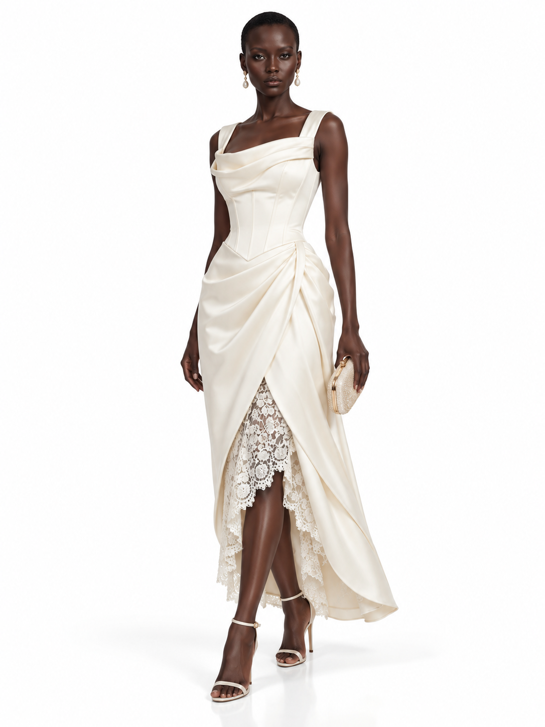 Cream Satin Draped High Low Midi Dress