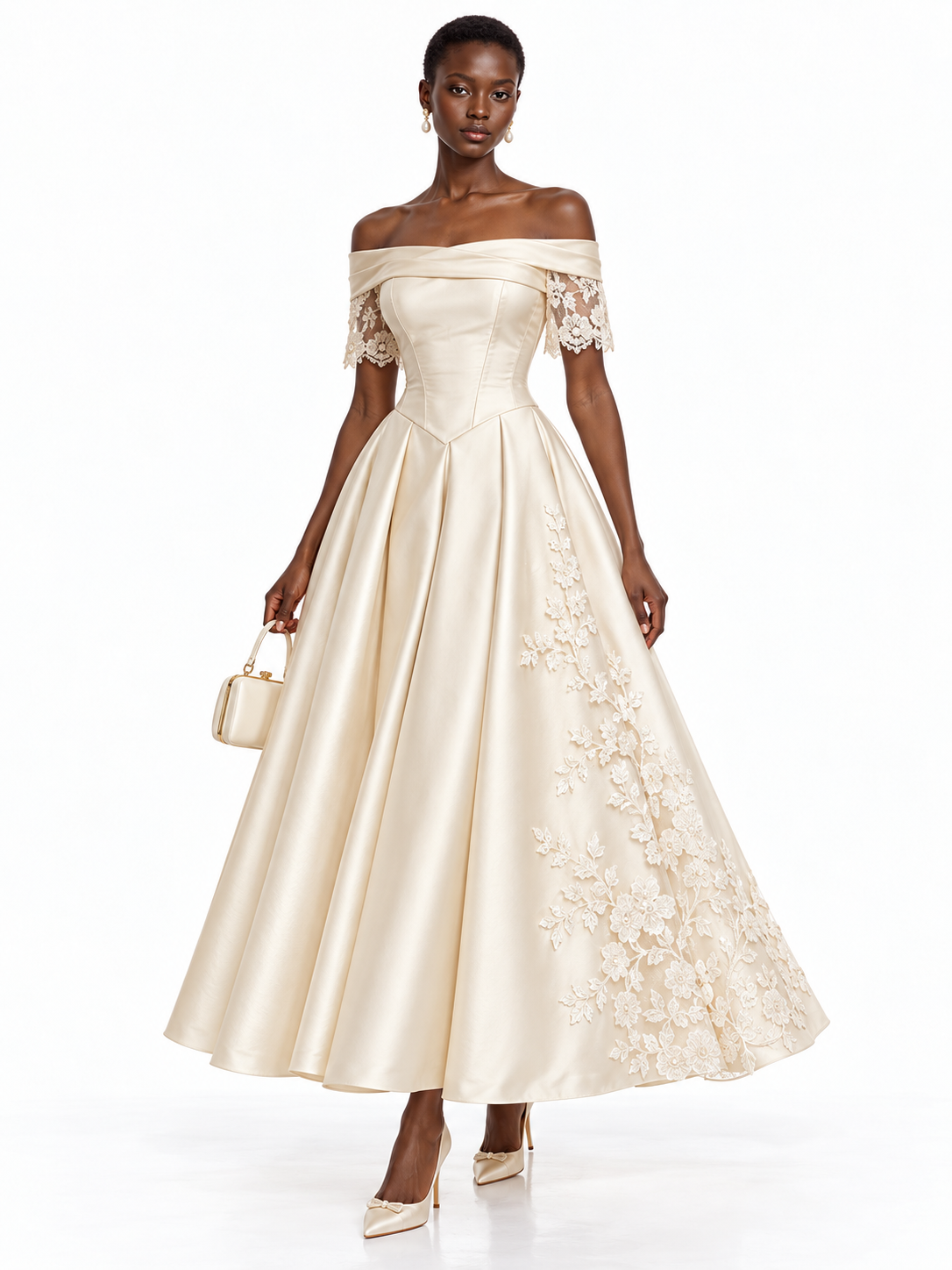 Cream Lace Applique Off Shoulder Midi Dress