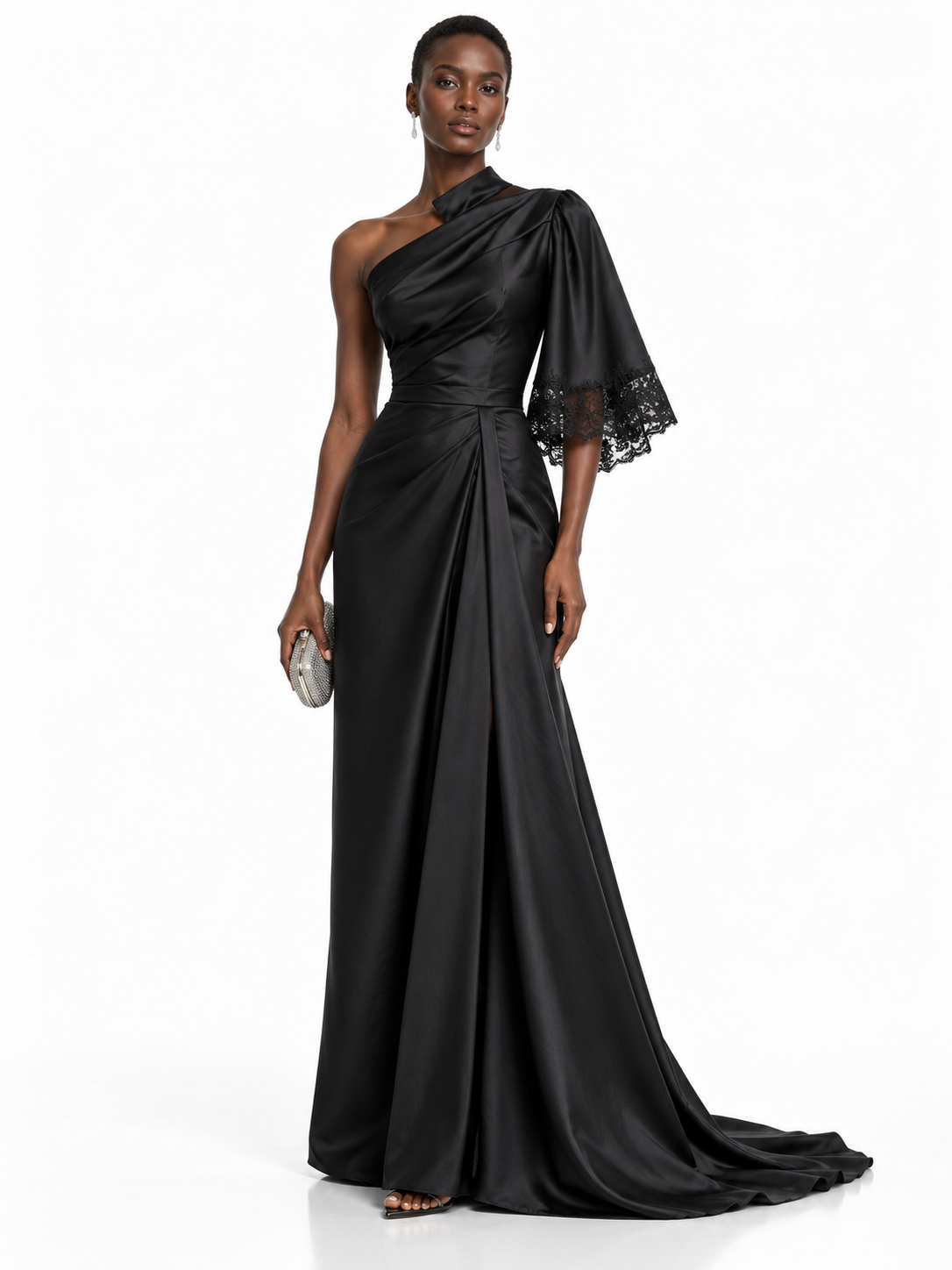 Black Satin One Shoulder Lace Trim Maxi Dress
