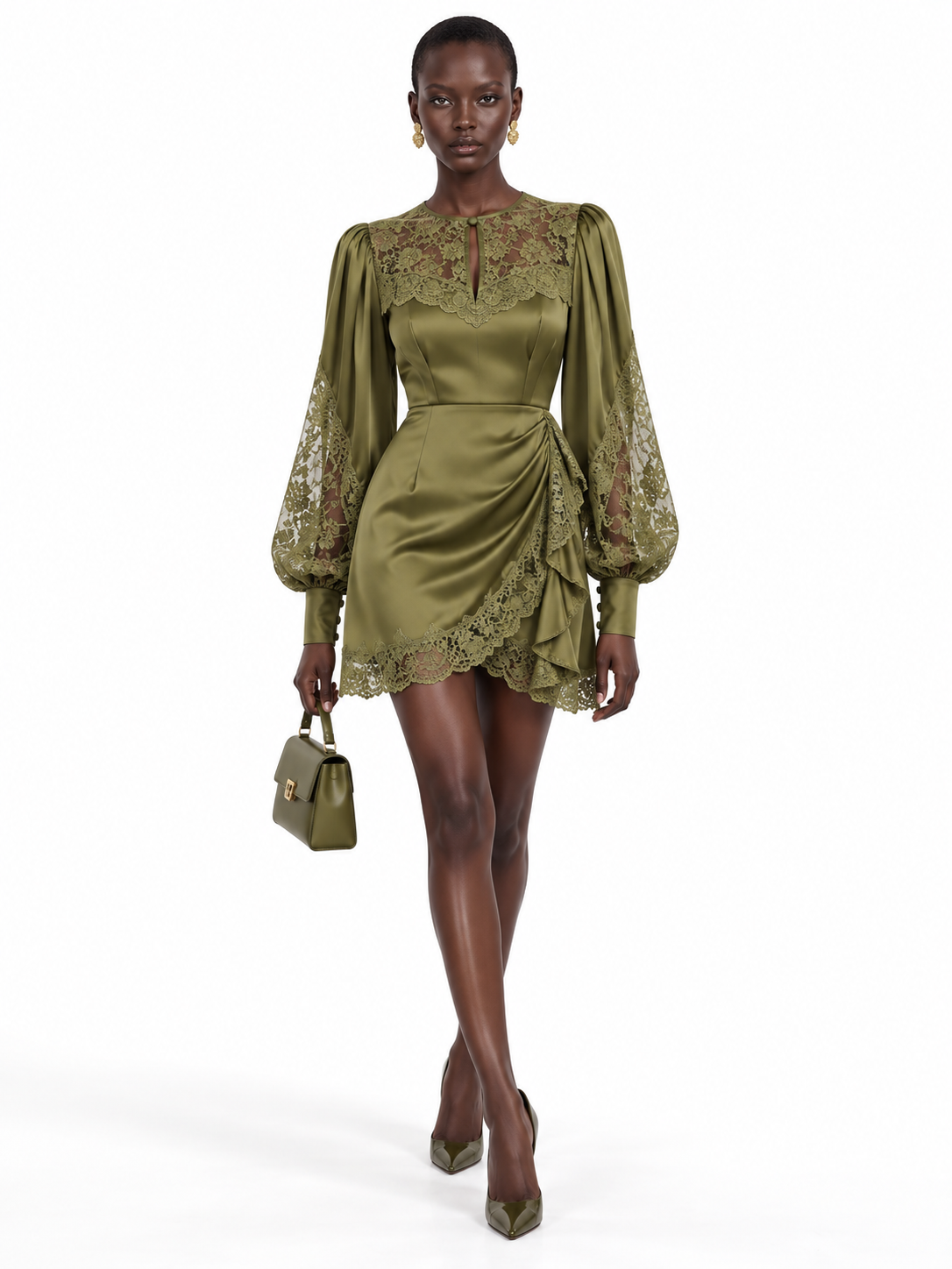 Olive Satin Lace Trim Long Sleeve Wrap Mini Dress