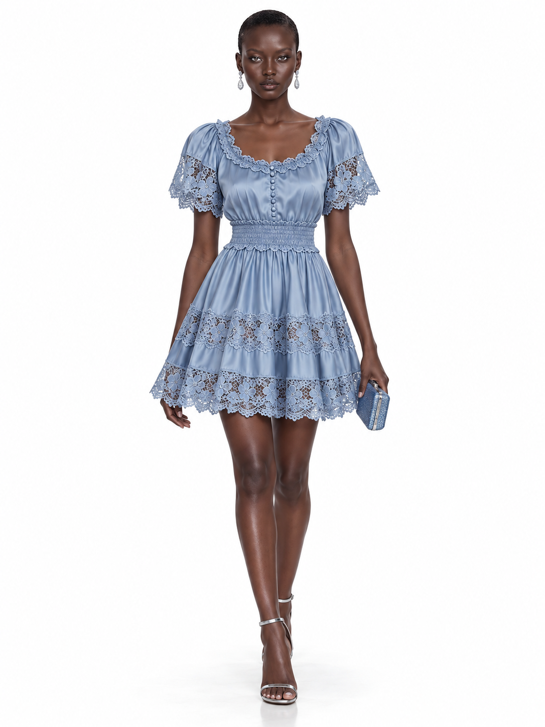 LightBlue Satin Lace Trim Short Sleeve Mini Dress