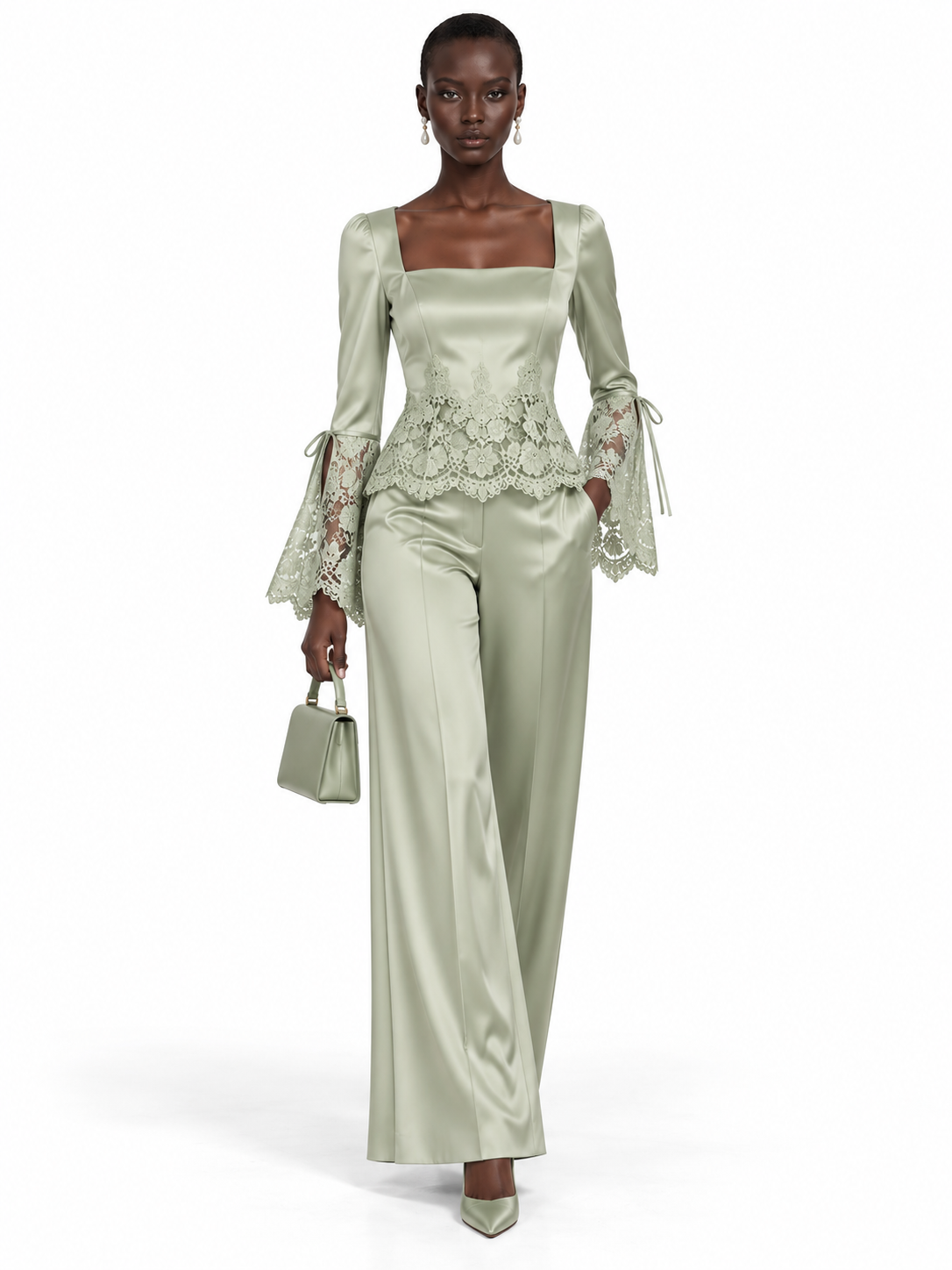 SageGreen Satin Lace Trim Long Sleeve Top and Pants Set
