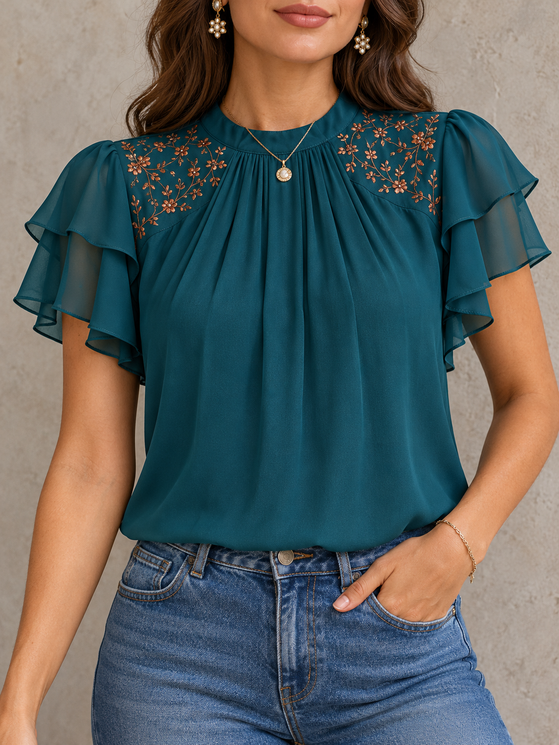 Teal Embroidered Ruffle Sleeve Keyhole Blouse