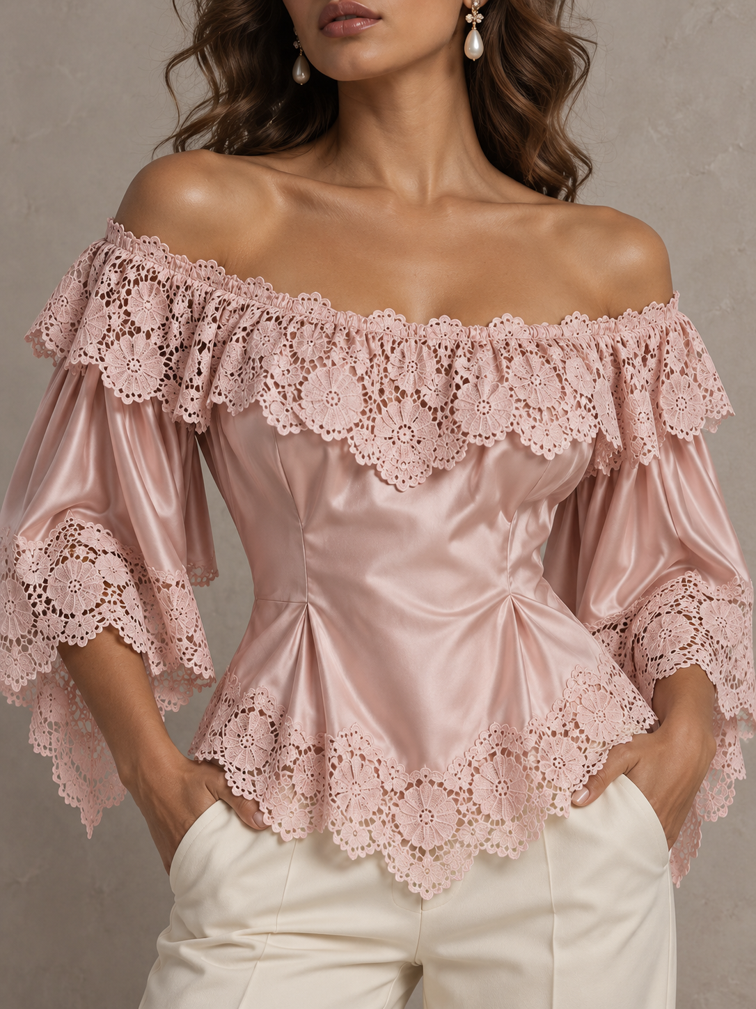 Pink Satin Lace Trim Off Shoulder Blouse