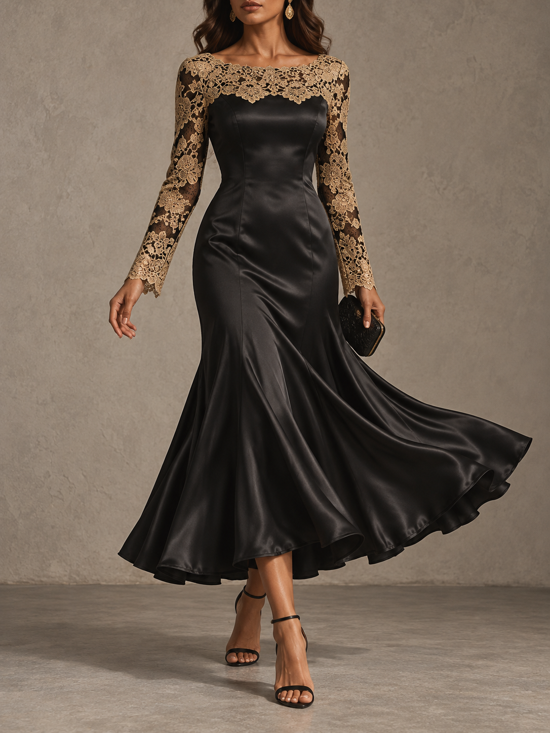 Black Satin Lace Trim Long Sleeve Mermaid Midi Dress