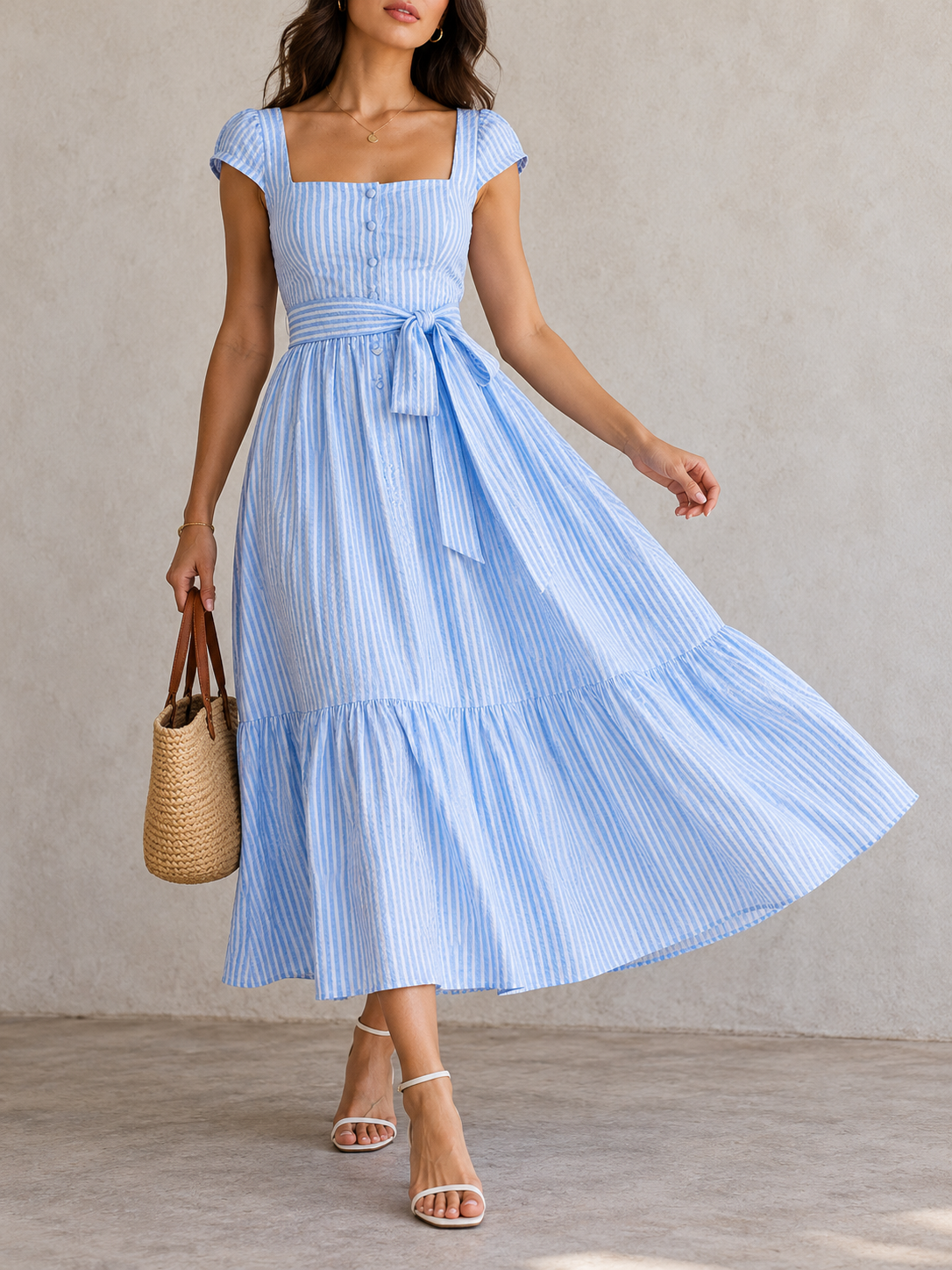LightBlue Striped Square Neck Midi Dress