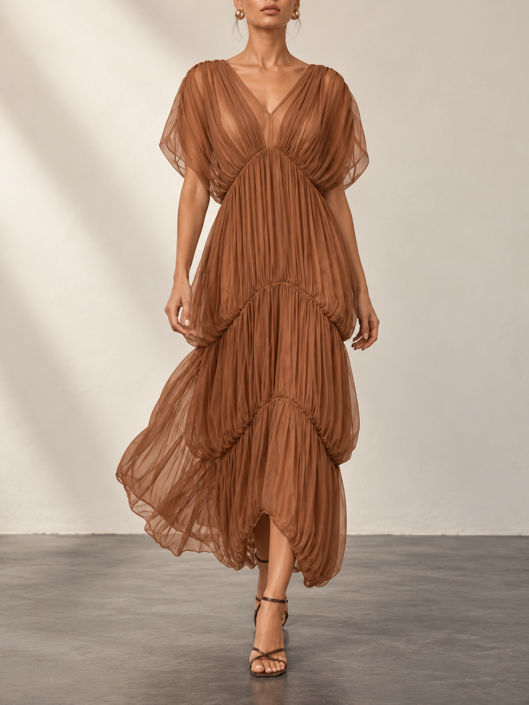 Brown Sheer Pleated Tiered Maxi Dress