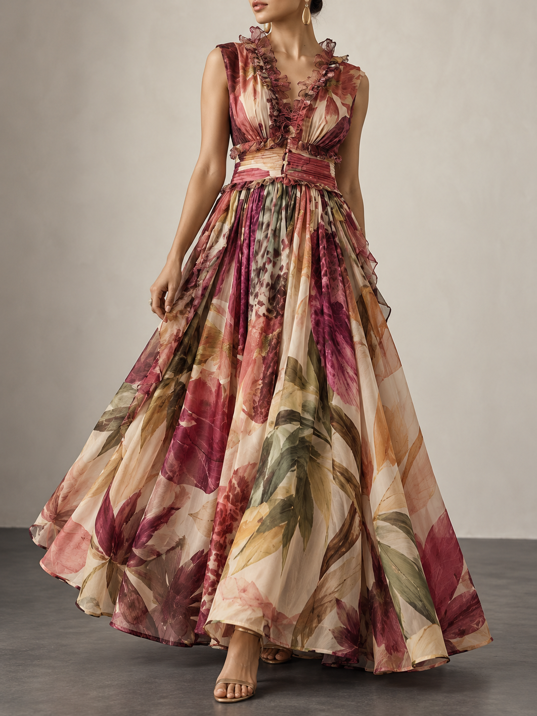 Multicolor Floral Print Ruffle V Neck Maxi Dress