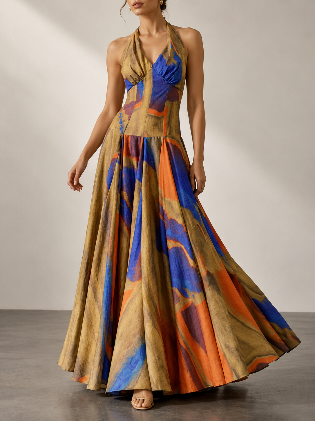 Multicolor Animal Print Halter Maxi Dress