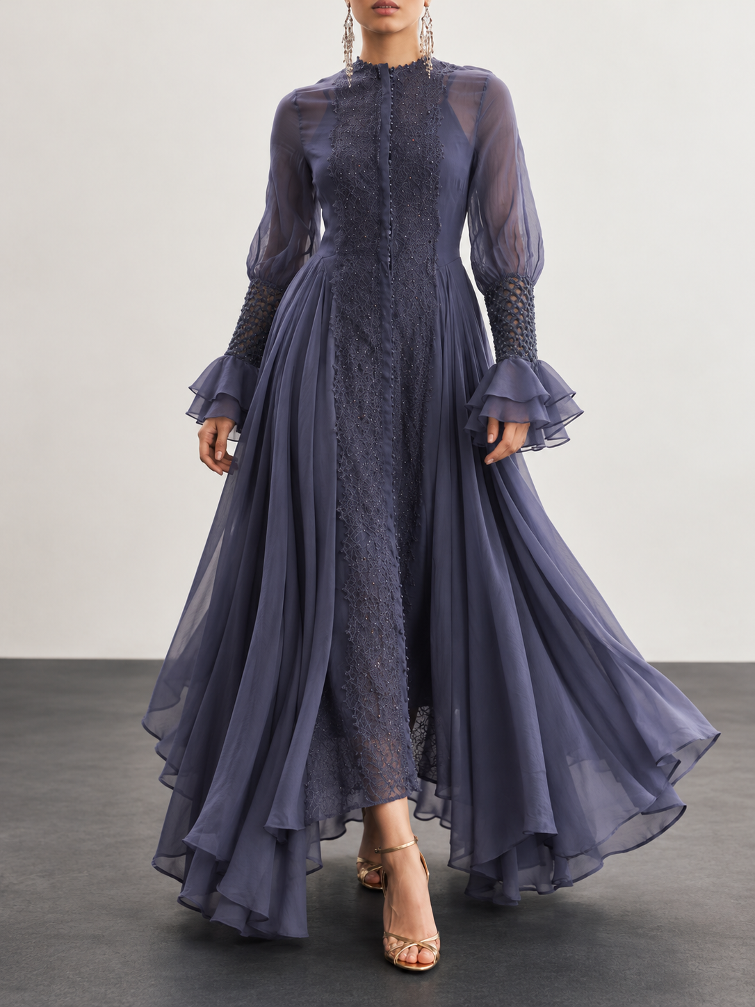 Navy Sheer Lace Long Sleeve Maxi Dress