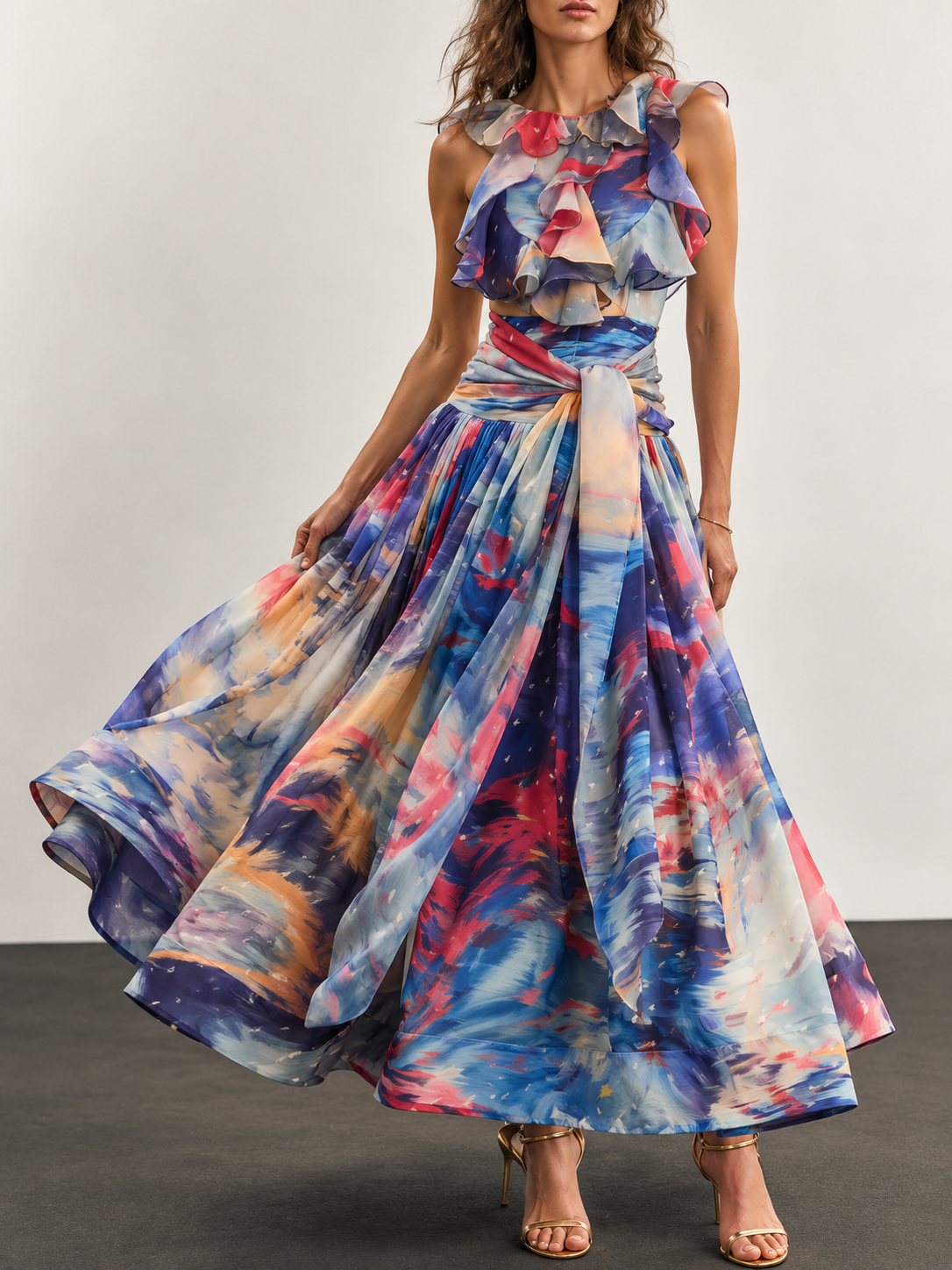 Multicolor Watercolor Print Halter Maxi Dress