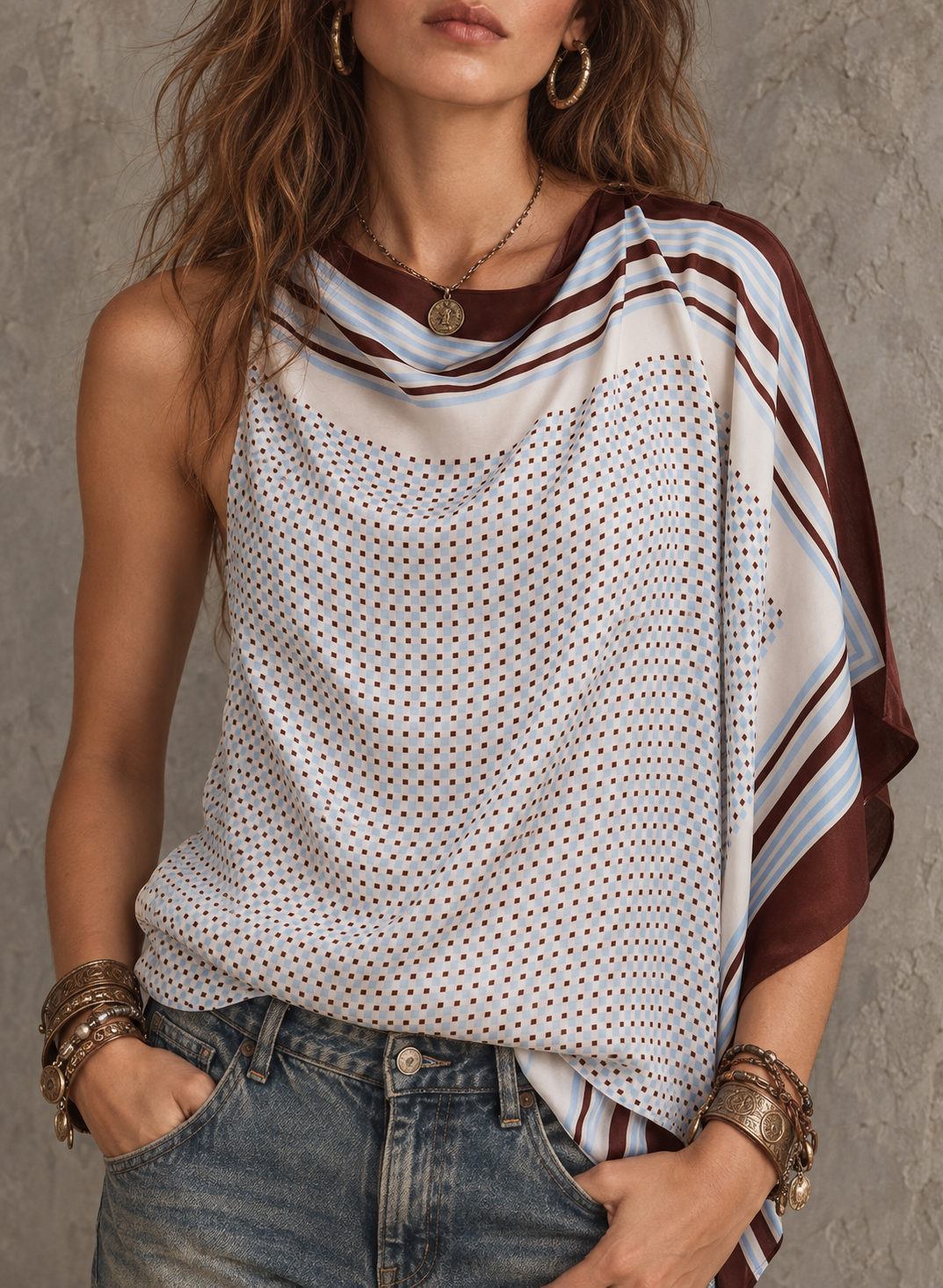 Cream Striped Draped Sleeveless Top