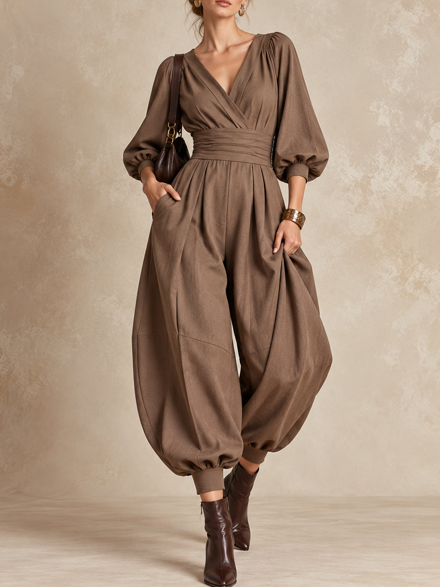Brown V-Neck Balloon Leg Jumpsuit
