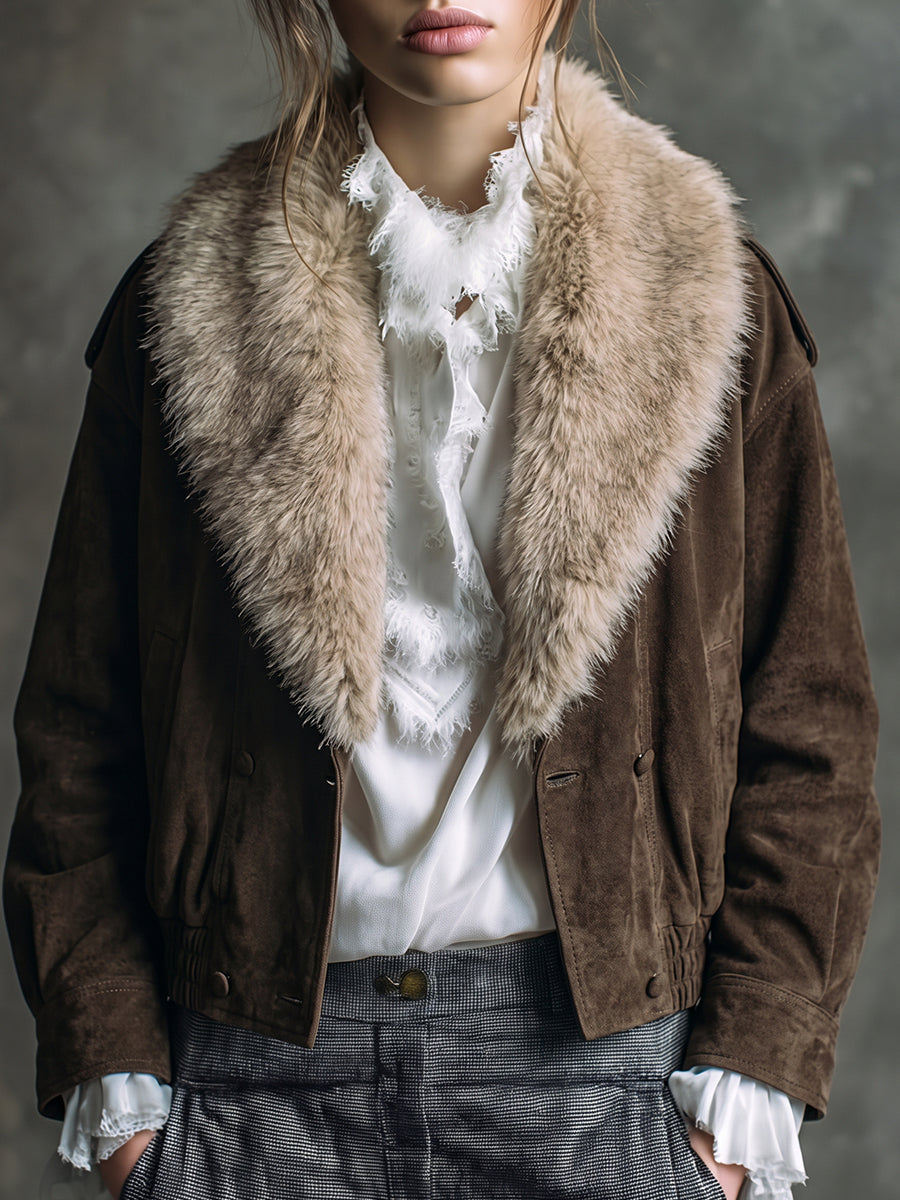 Brown Faux Fur Collar Suede Jacket