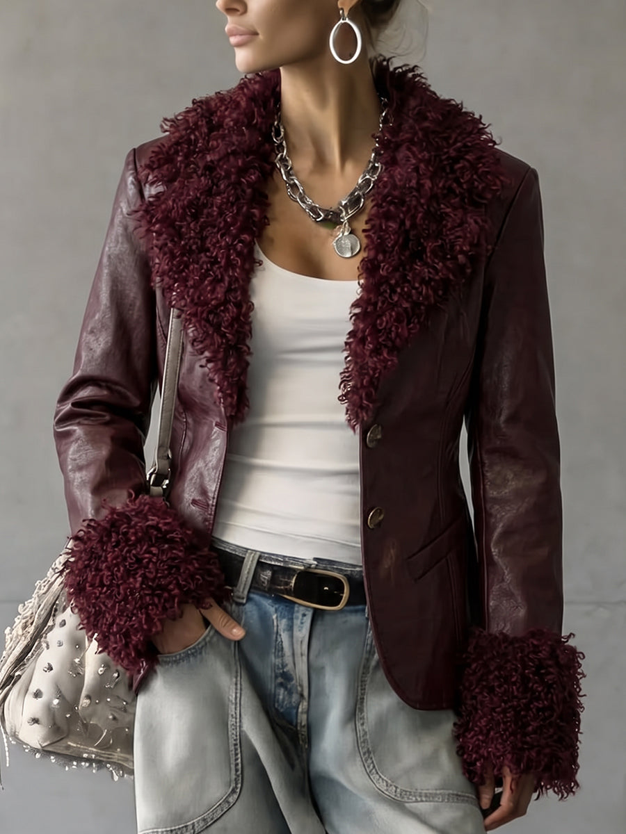 Burgundy Faux Fur Trim Open Front Jacket