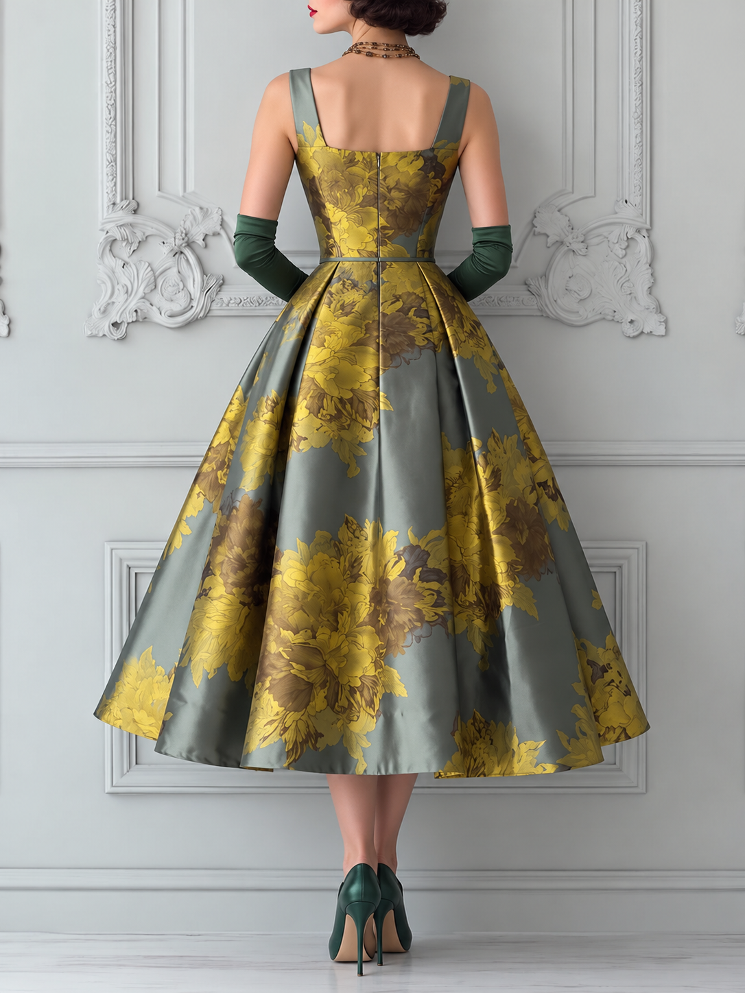 Satin Floral Print Square Neck A-Line Dress