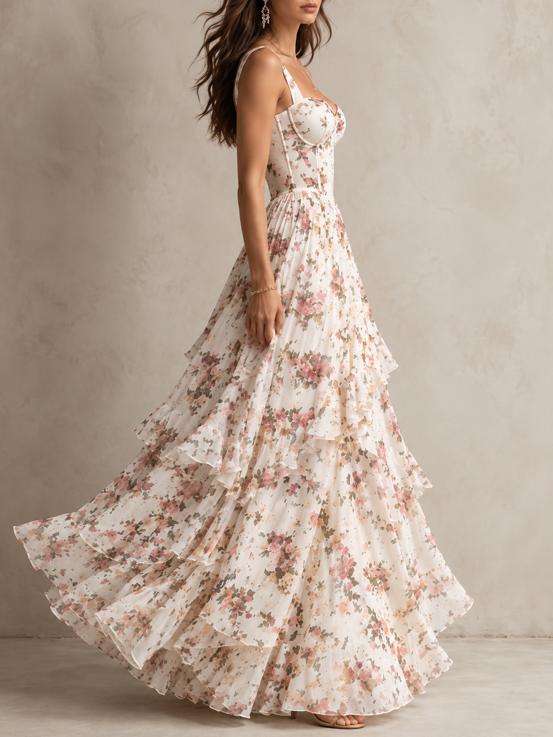 Floral Print Corset Tiered Ruffle Maxi Dress