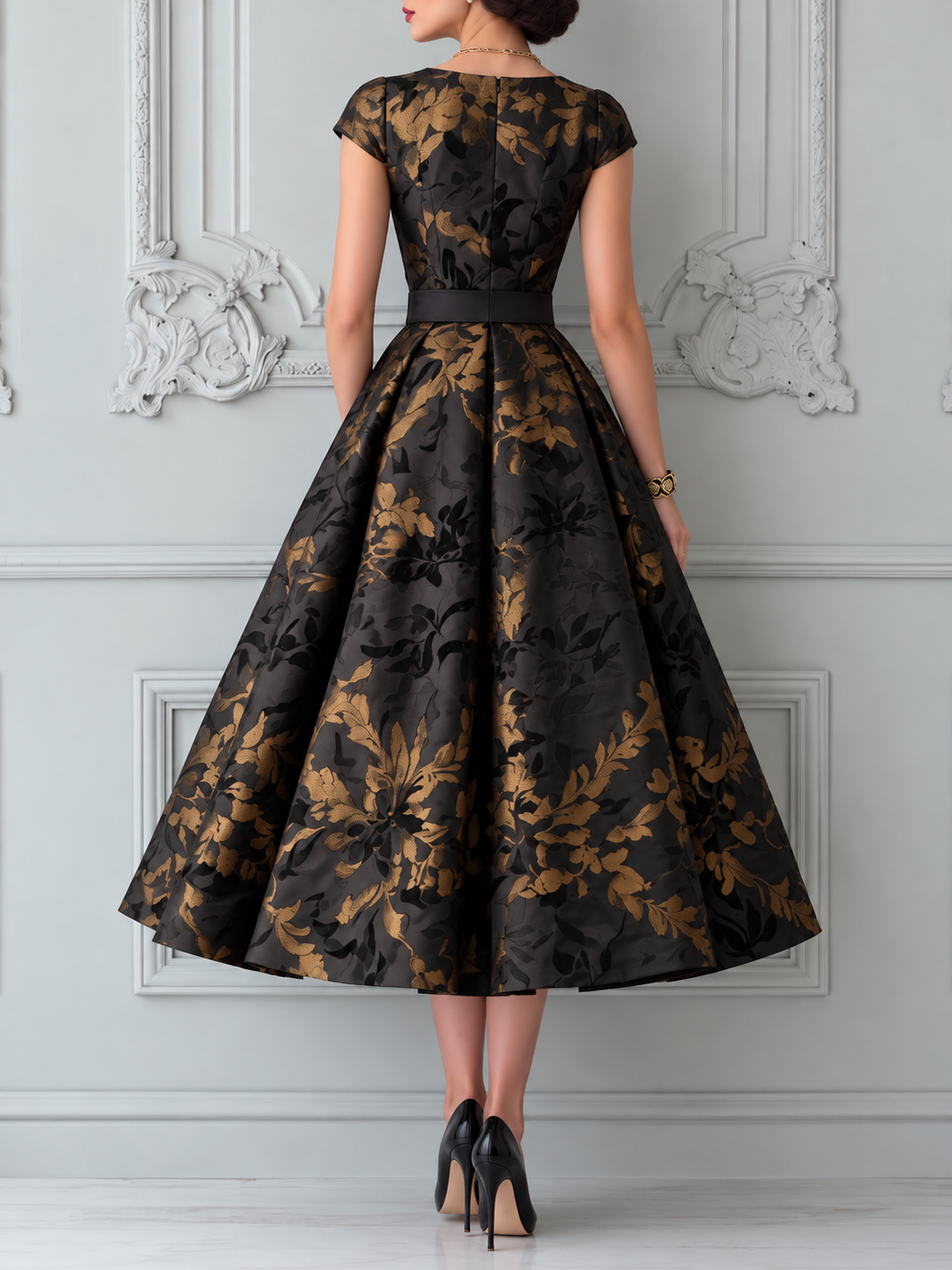 Black Gold Leaf Brocade A-Line Midi Dress