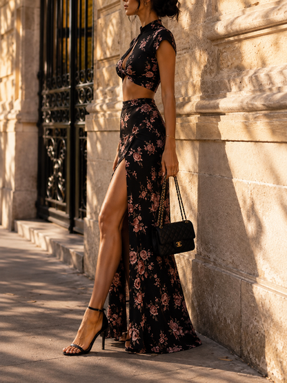 Black Floral Qipao-Inspired Crop Top And High-Slit Skirt Set