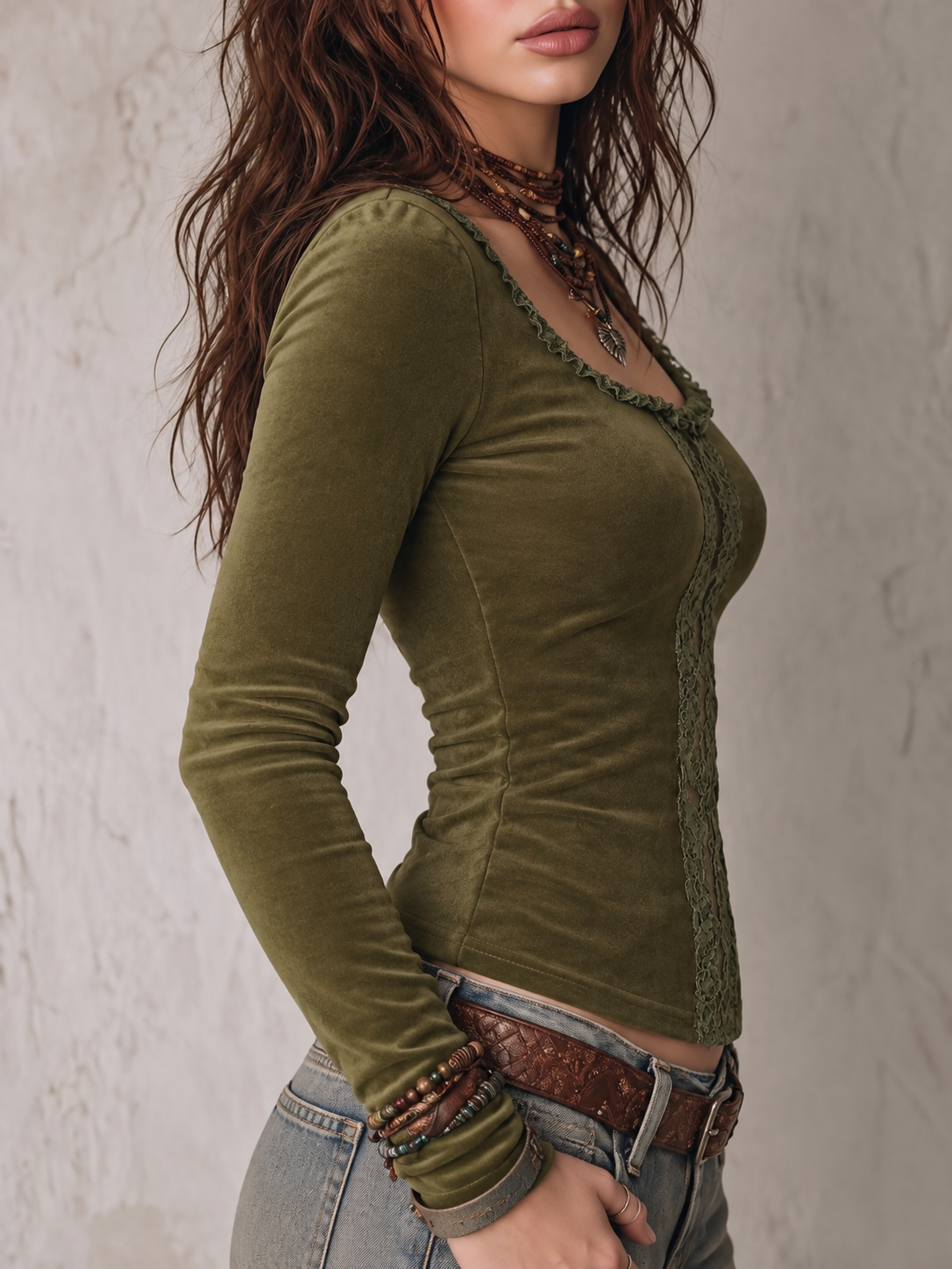 Olive Green Velvet Lace Insert Long Sleeve Top