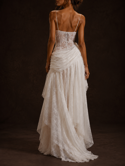 White Draped Lace Corset Maxi Dress