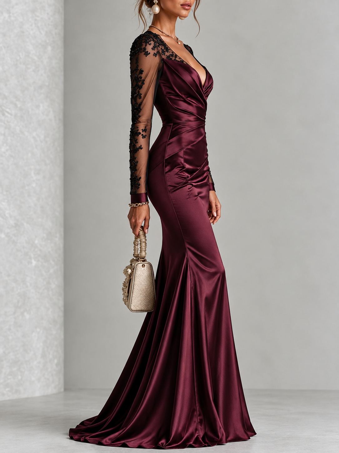 Plum Satin Lace Trim Long Sleeve Mermaid Dress