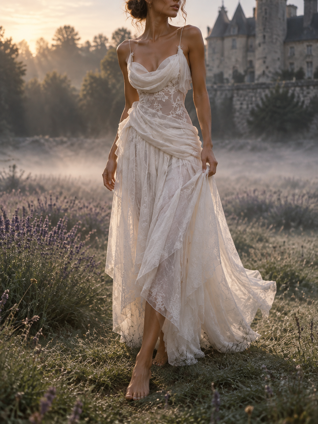 White Draped Lace Corset Maxi Dress
