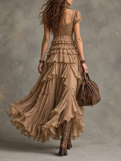 Square Neck Ruffled Tiered Midi Dress