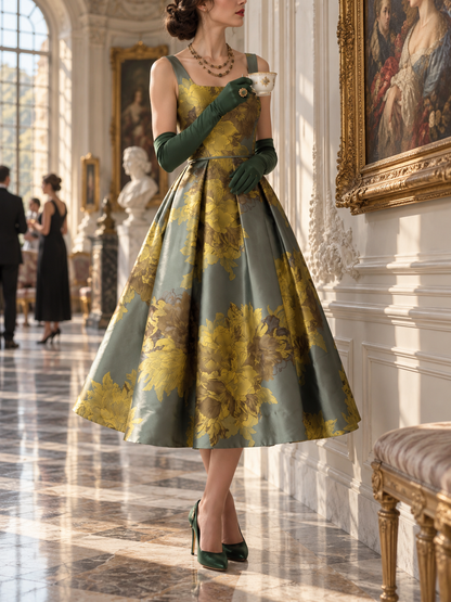 Satin Floral Print Square Neck A-Line Dress