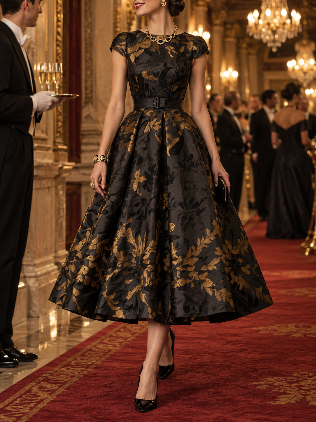 Black Gold Leaf Brocade A-Line Midi Dress