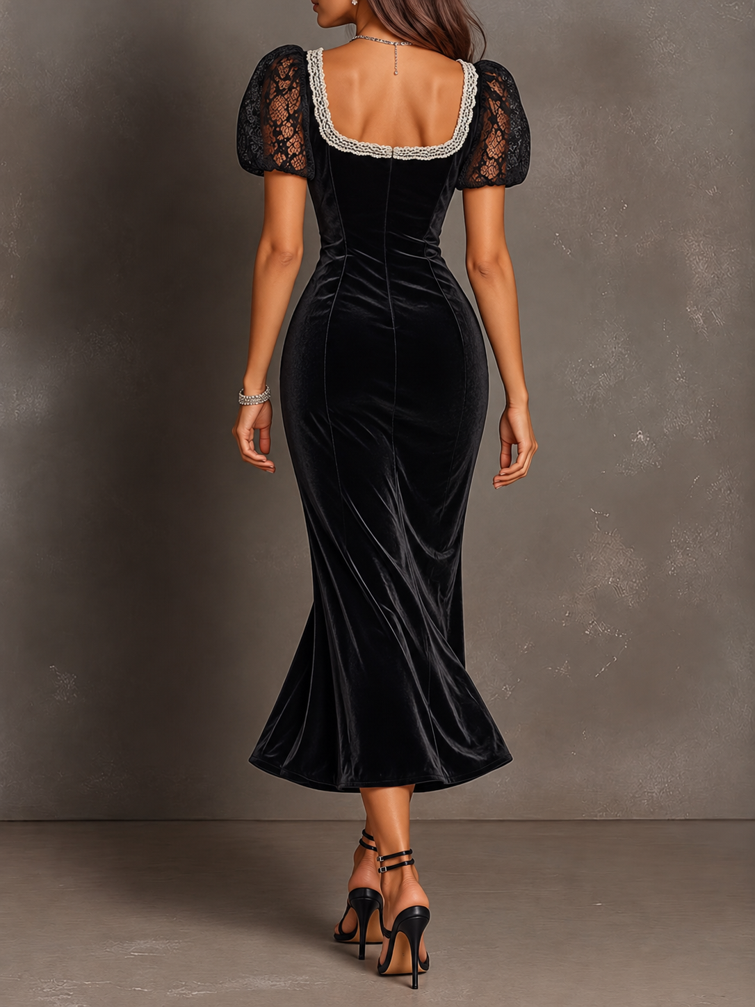 Black Velvet Puff Sleeve Lace Trim Button Midi Dress