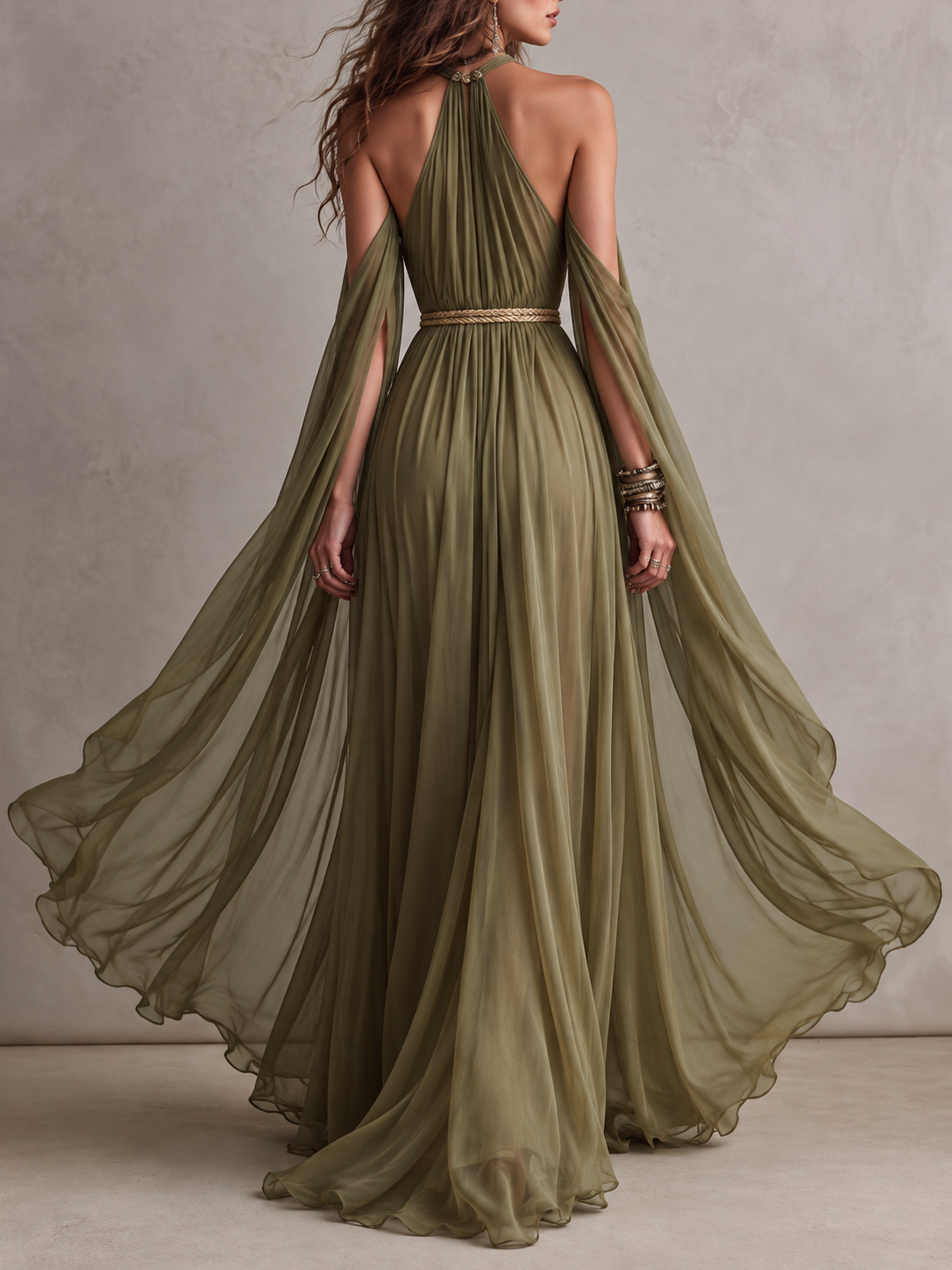 Cape Sleeve Deep V-Neck Braided Belt Maxi Dress