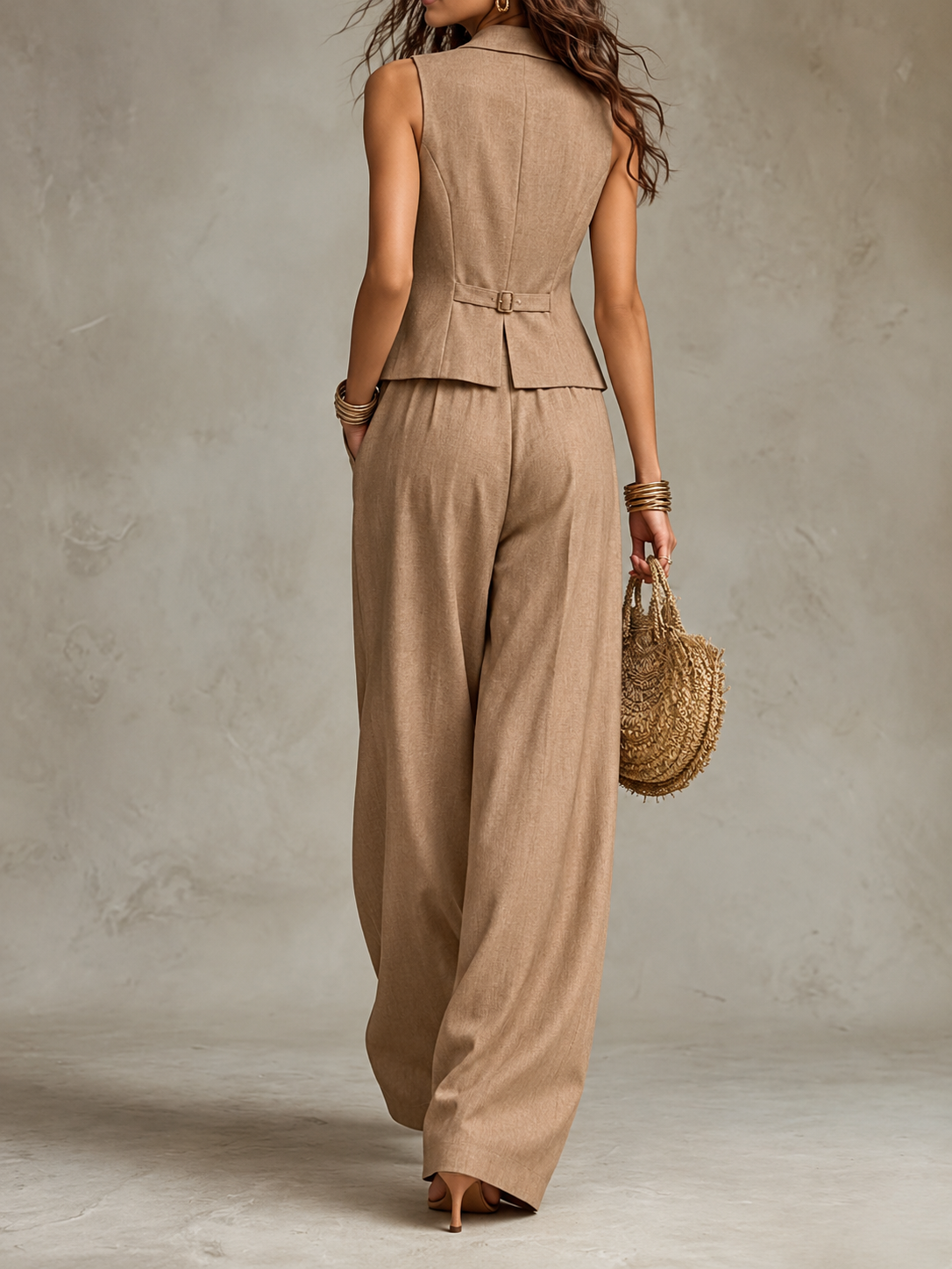 Sleeveless Blazer Vest & Wide Leg Pants Set