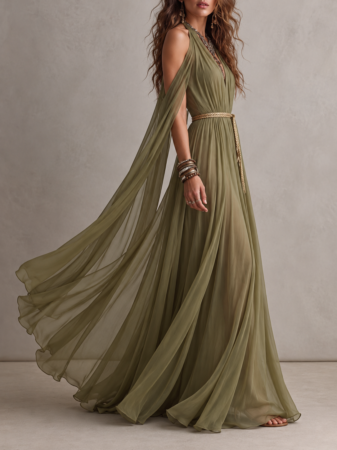 Cape Sleeve Deep V-Neck Braided Belt Maxi Dress