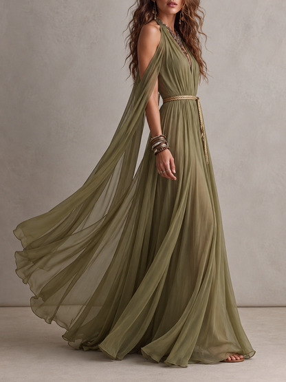 Cape Sleeve Deep V-Neck Braided Belt Maxi Dress