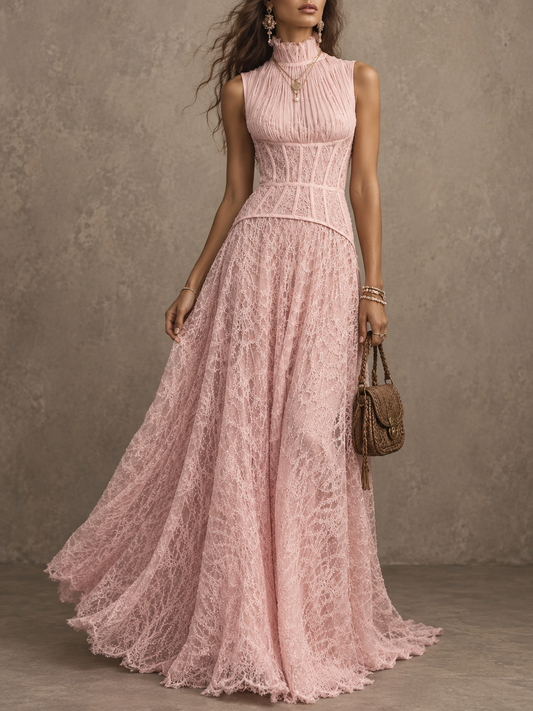 Pink Lace High Neck Maxi Dress