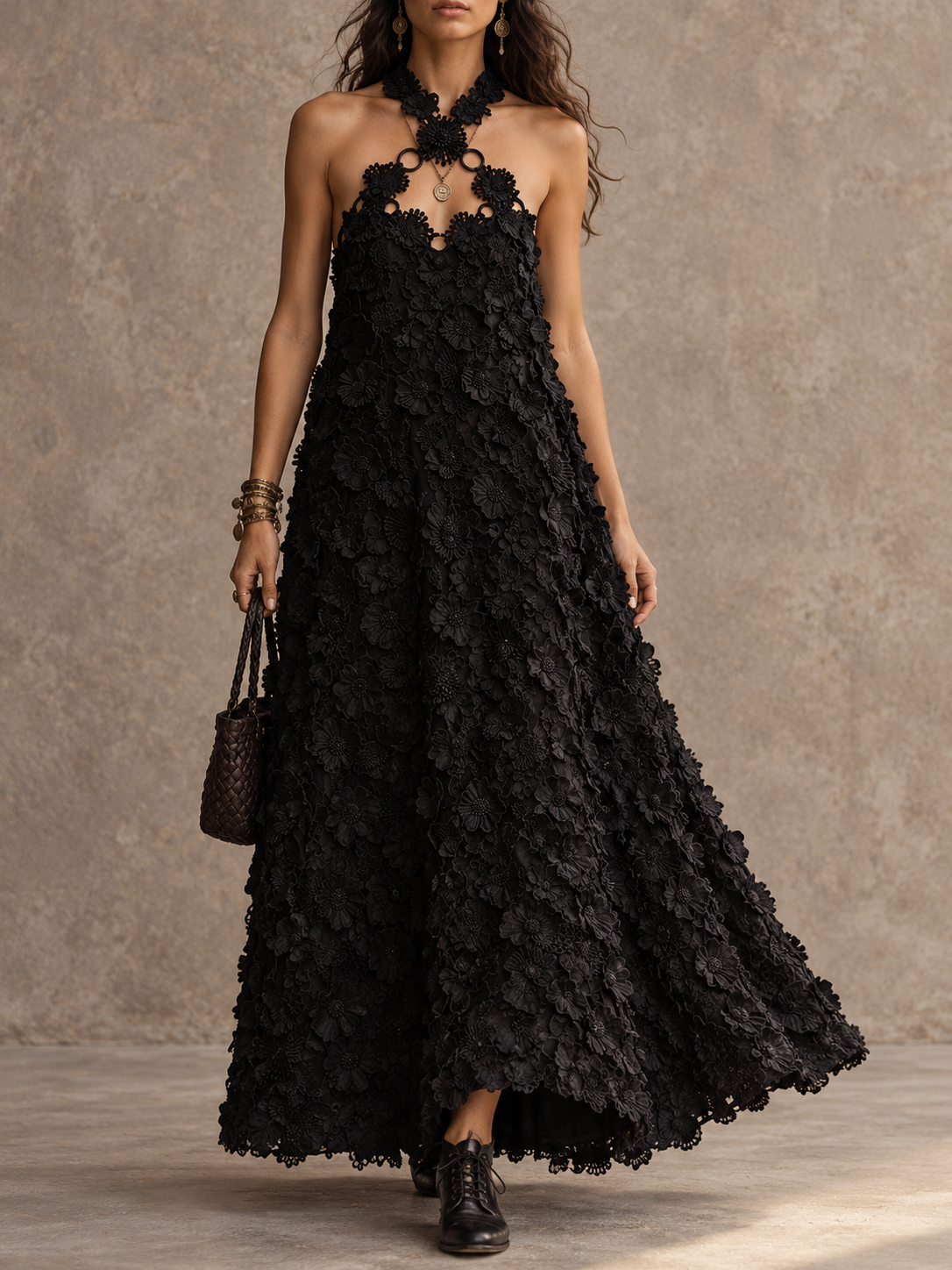 Black Lace Halter High Low Maxi Dress