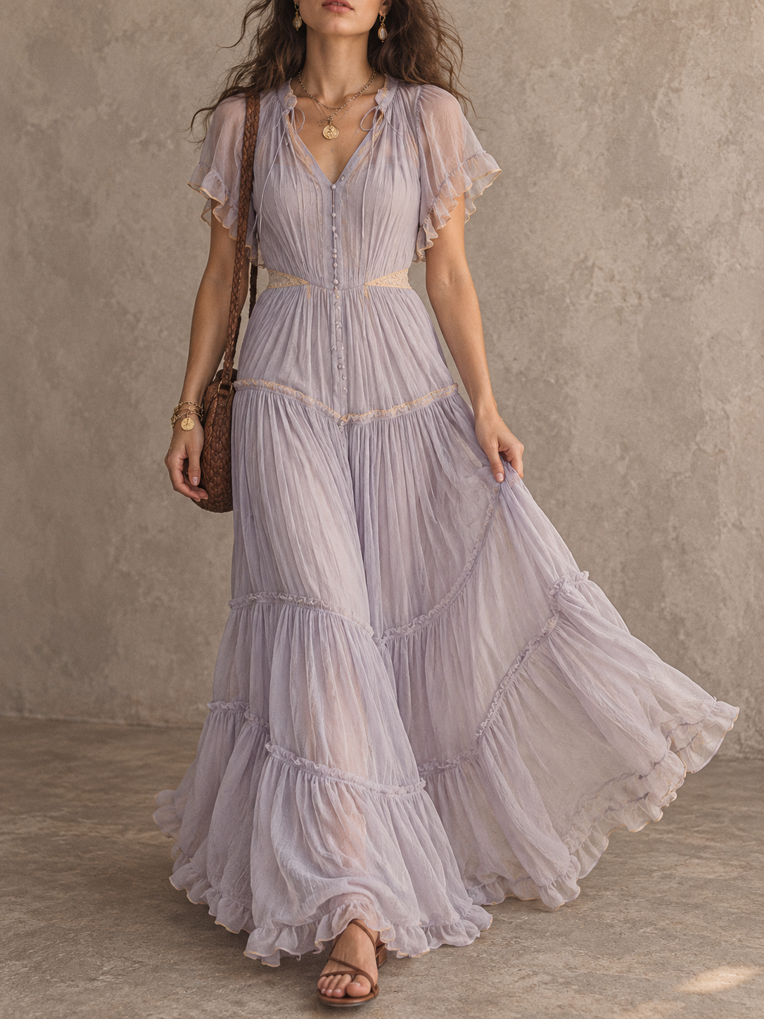 Lavender Sheer Tiered Maxi Dress