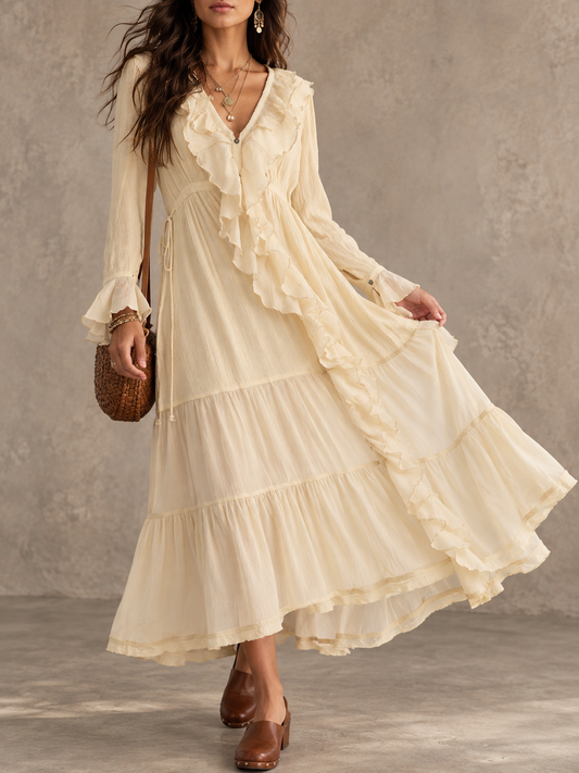 Cream Ruffle Long Sleeve Midi Dress