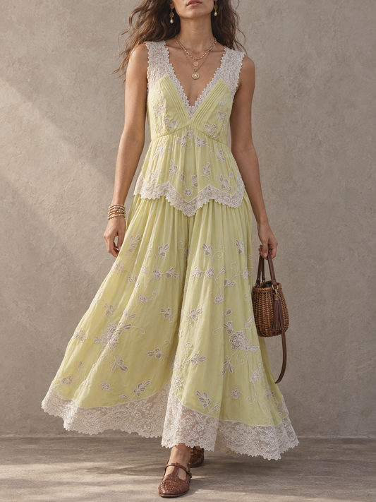 Sage Green Lace Trim Sleeveless Maxi Dress